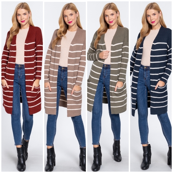 FEW LEFT❗️Cozy Chic Burgundy Striped Long Open Cardigan - Picture 6 of 8